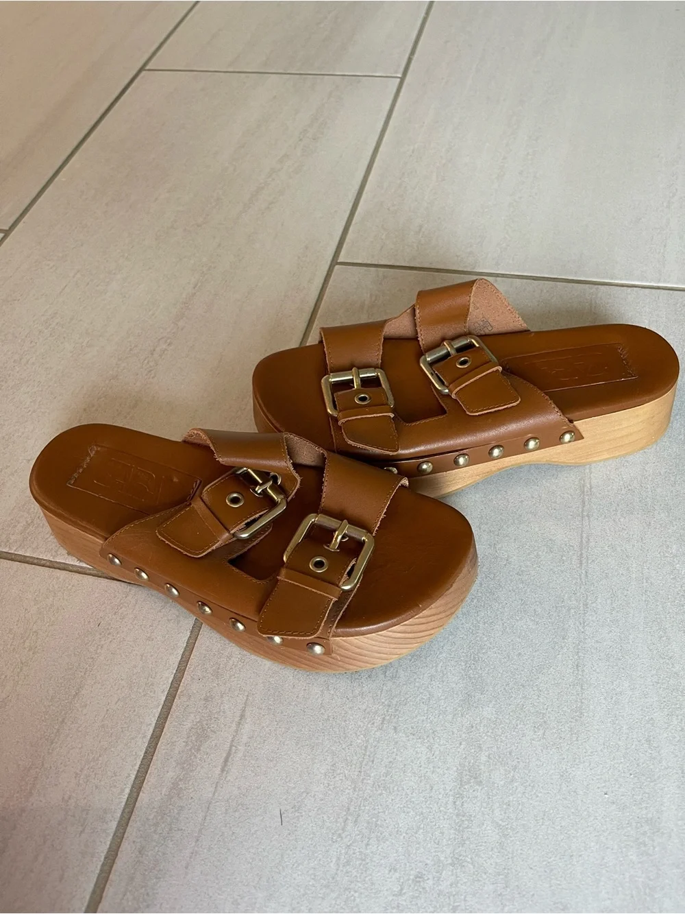 Zara Brown Double-Buckle Platform Slide Sandals - Picture 1 of 4